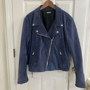 Reformation Suede Leather Motorcycle Jacket - Size XL, Navy Blue